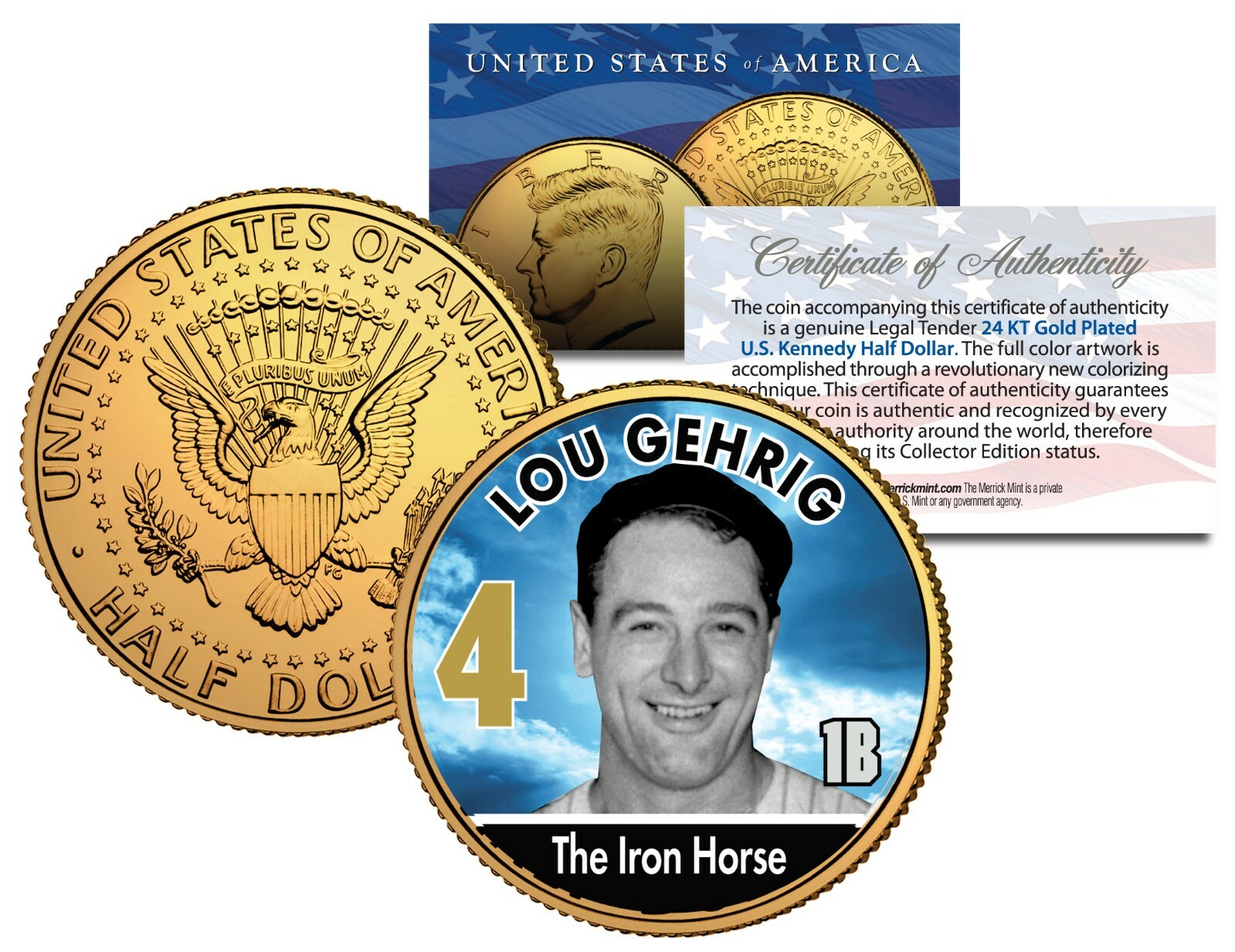 LOU GEHRIG Yankees Baseball Legends JFK Half Dollar 24K Gold Plated US Coin