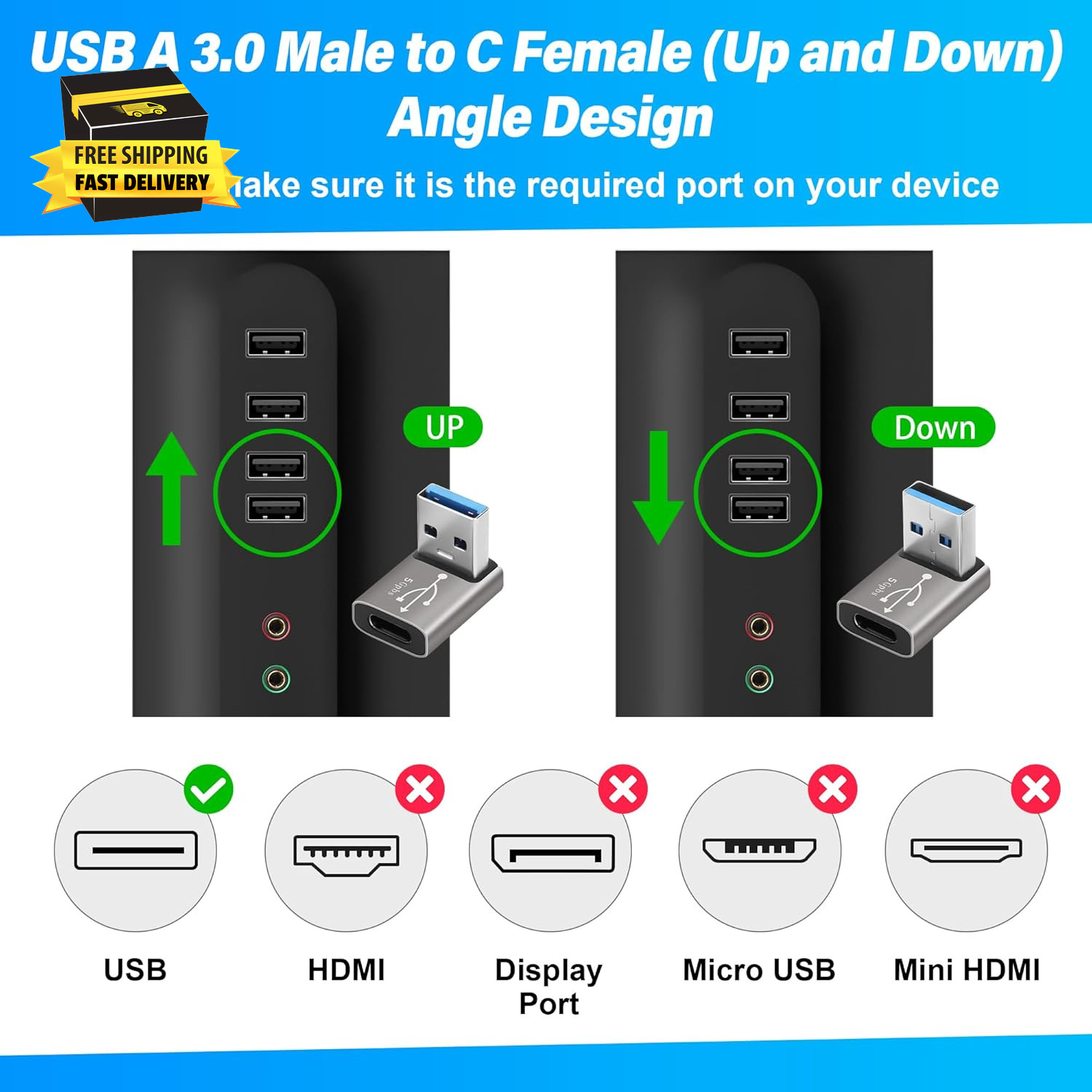 90 Degree USB to USB C Adapter 2 Pack, up and down Right Angle USB C Female to a
