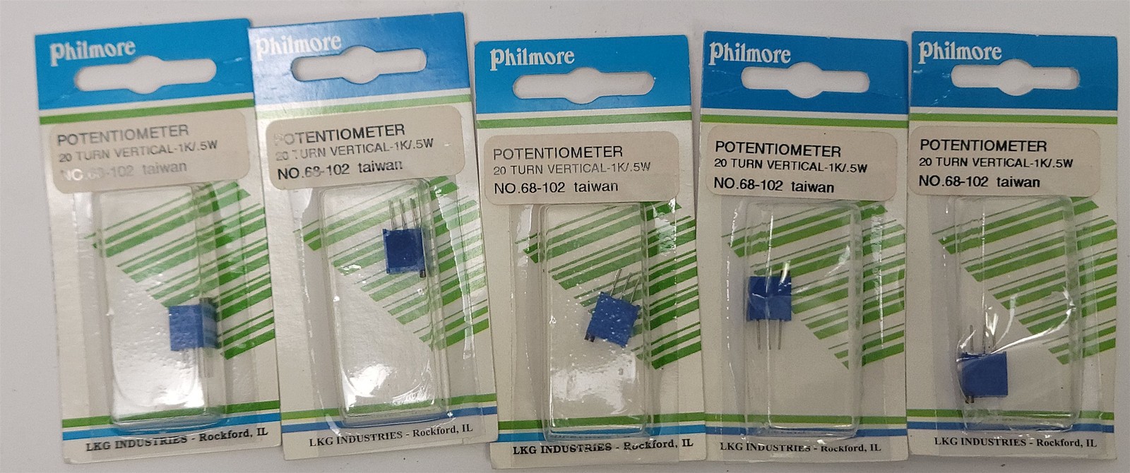Lot of 6 Philmore 68-102 Multiturn Triming Potentiometer, 1k Ohm/Ω, 20-Turn .5W
