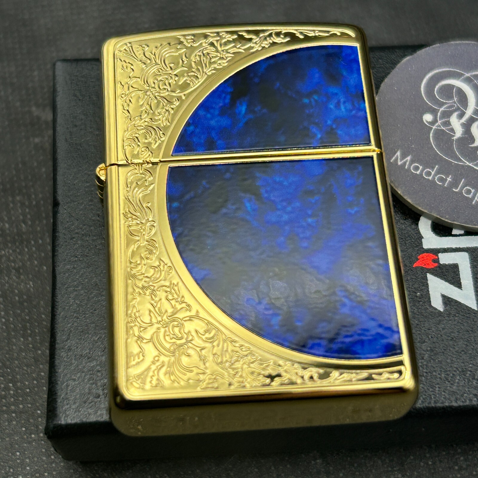 Zippo Marble Arabesque Blue Gold Etching Regular Case Oil Lighter Japan