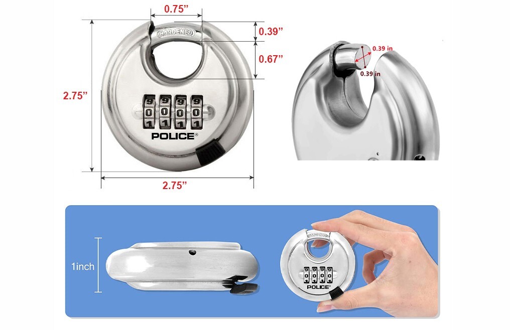 POLICE Combination Disc Padlock Stainless Steel Round Hardened Shackle Lock