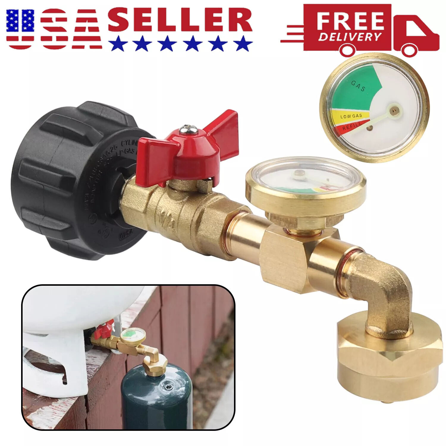 Propane Tank Elbow Refill Filler Adapter with Gauge for 1-20LB Bottle Tank Grill