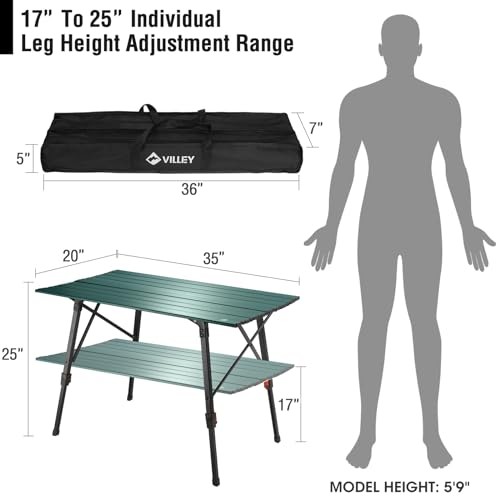 Portable Camping Table with Adjustable Legs, Lightweight Aluminum Green