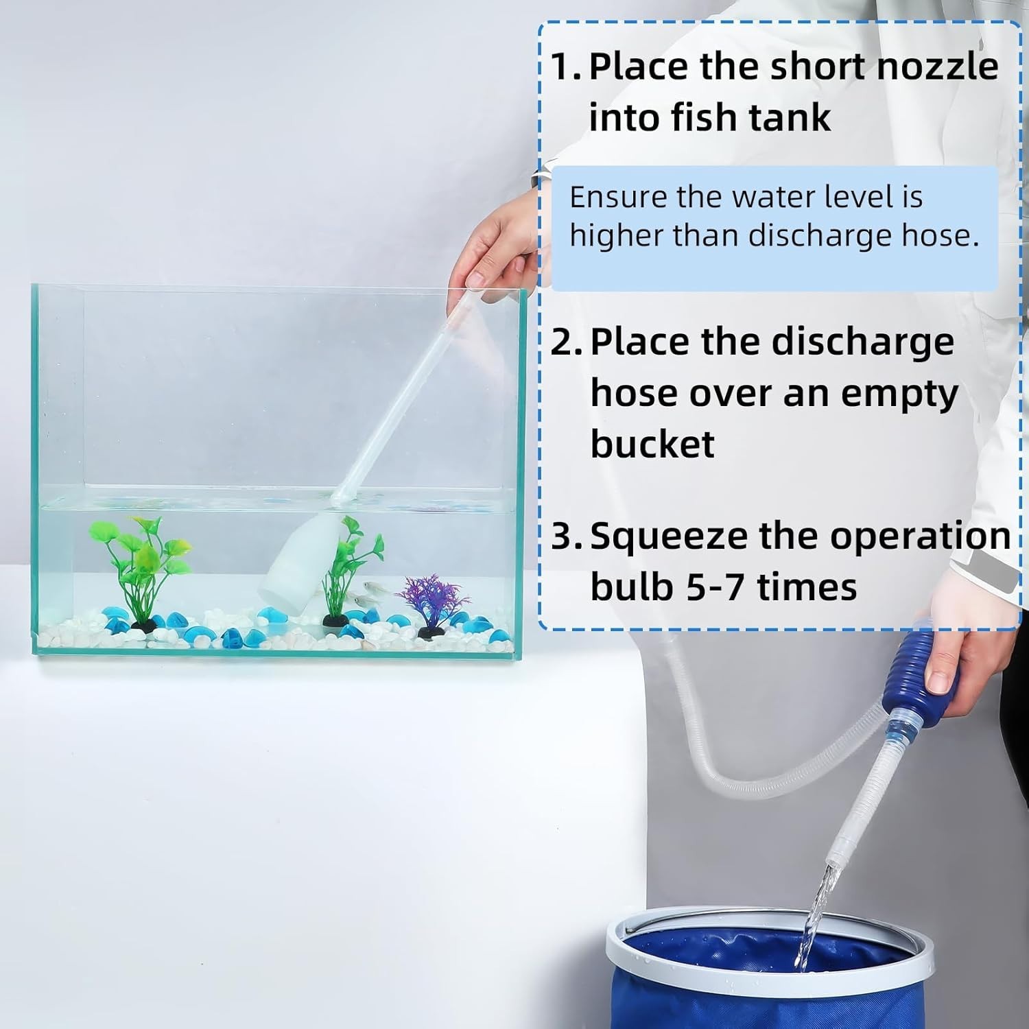 User-Friendly Hand Pump Aquarium Vacuum Siphon, 1.6m Hose for Easy Draining
