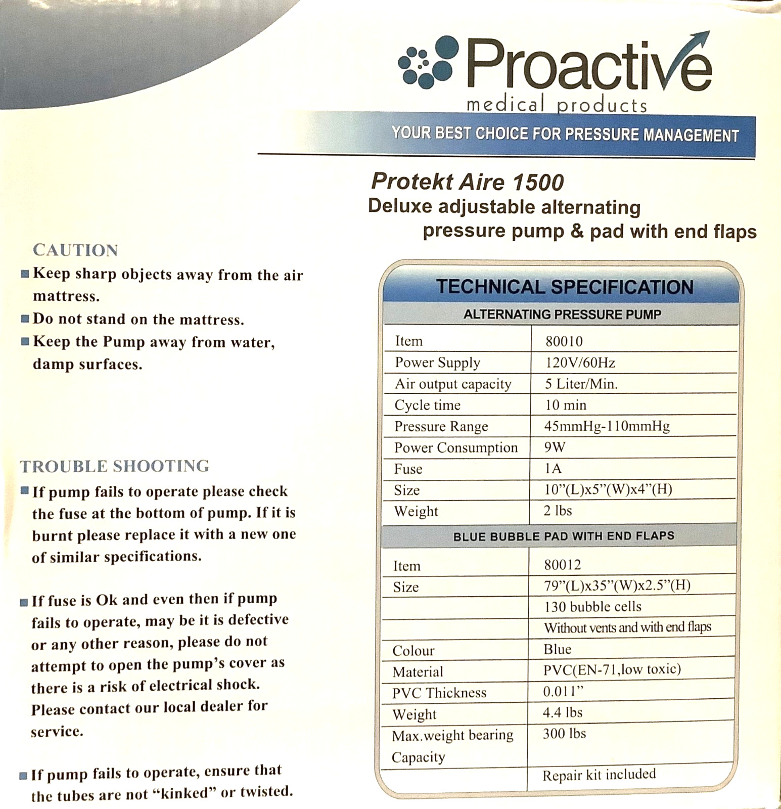 PROACTIVE Protekt Aire 1500 Alternating Pressure Pump and Pad with Flaps