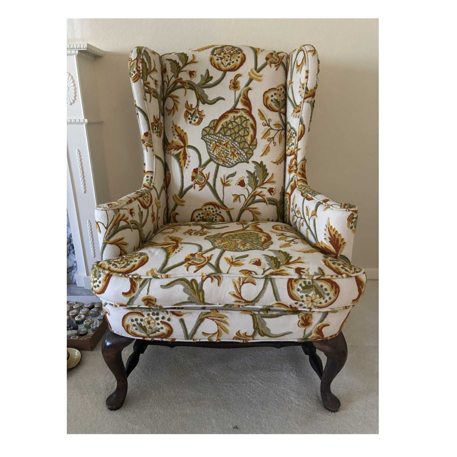 Wingback Upholstered Accent Chair Floral Tapestry Beige Green Brown Orange