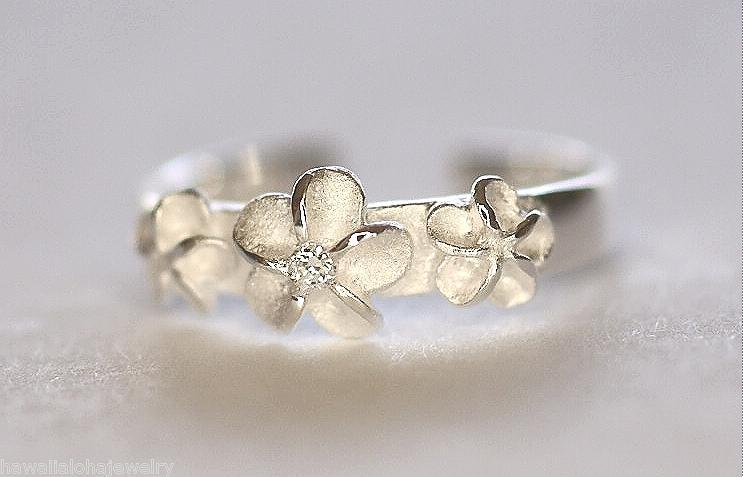 5mm Solid 925 Sterling Silver Hawaiian Plumeria Flowers White CZ Toe Ring