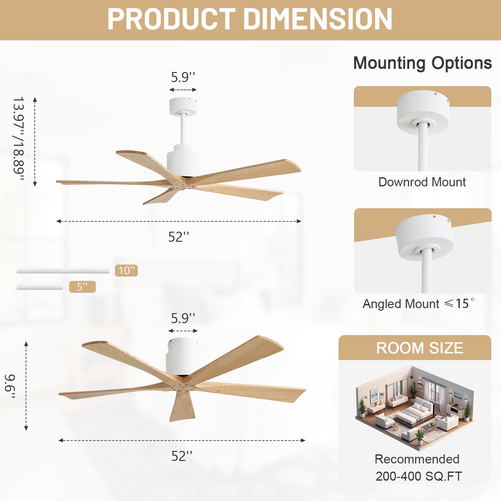 52" Solid Wood Flush Mount Ceiling Fan with Remote & Silent DC Motor Reversible