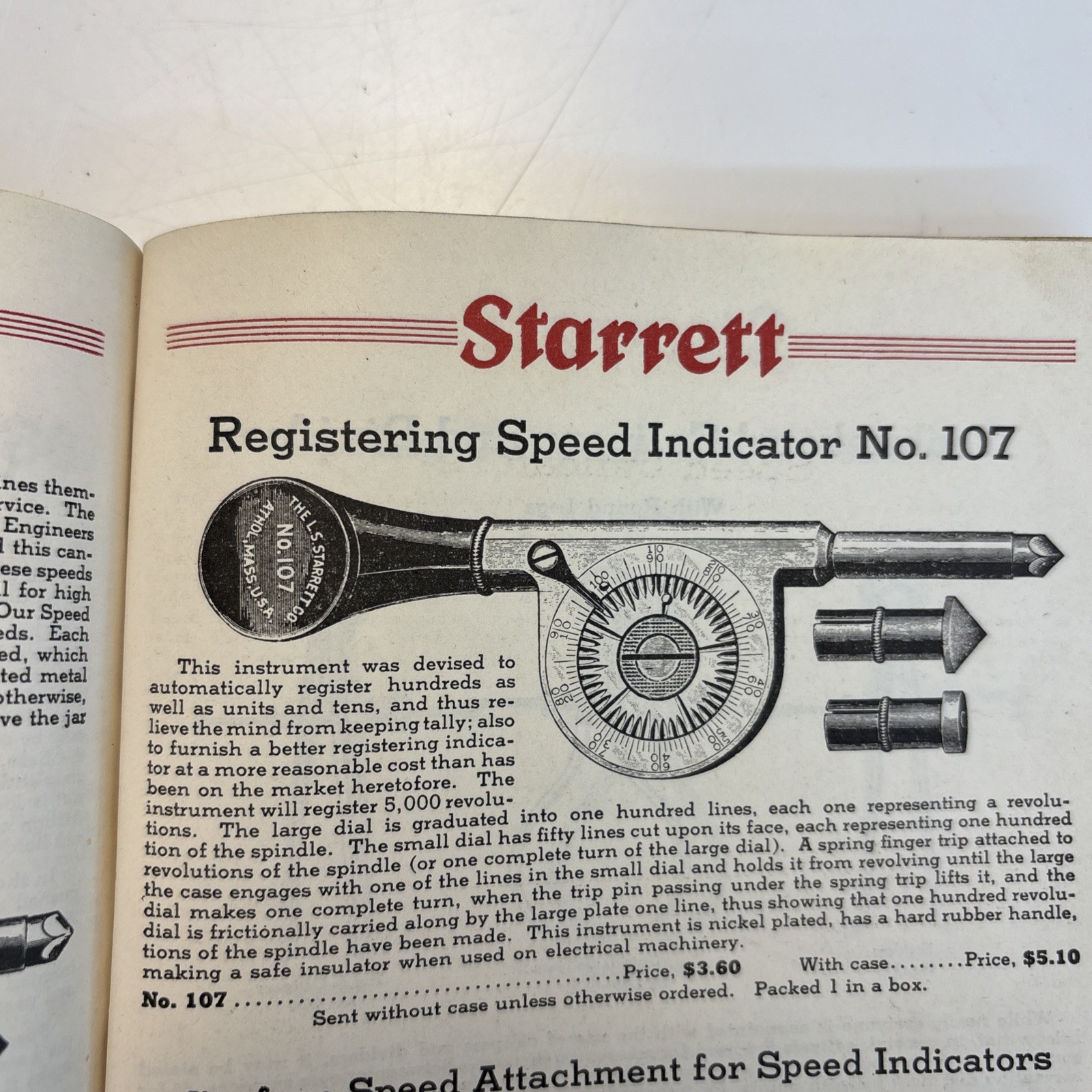 Starrett No 107 Registering Speed Indicator Tachometer USA
