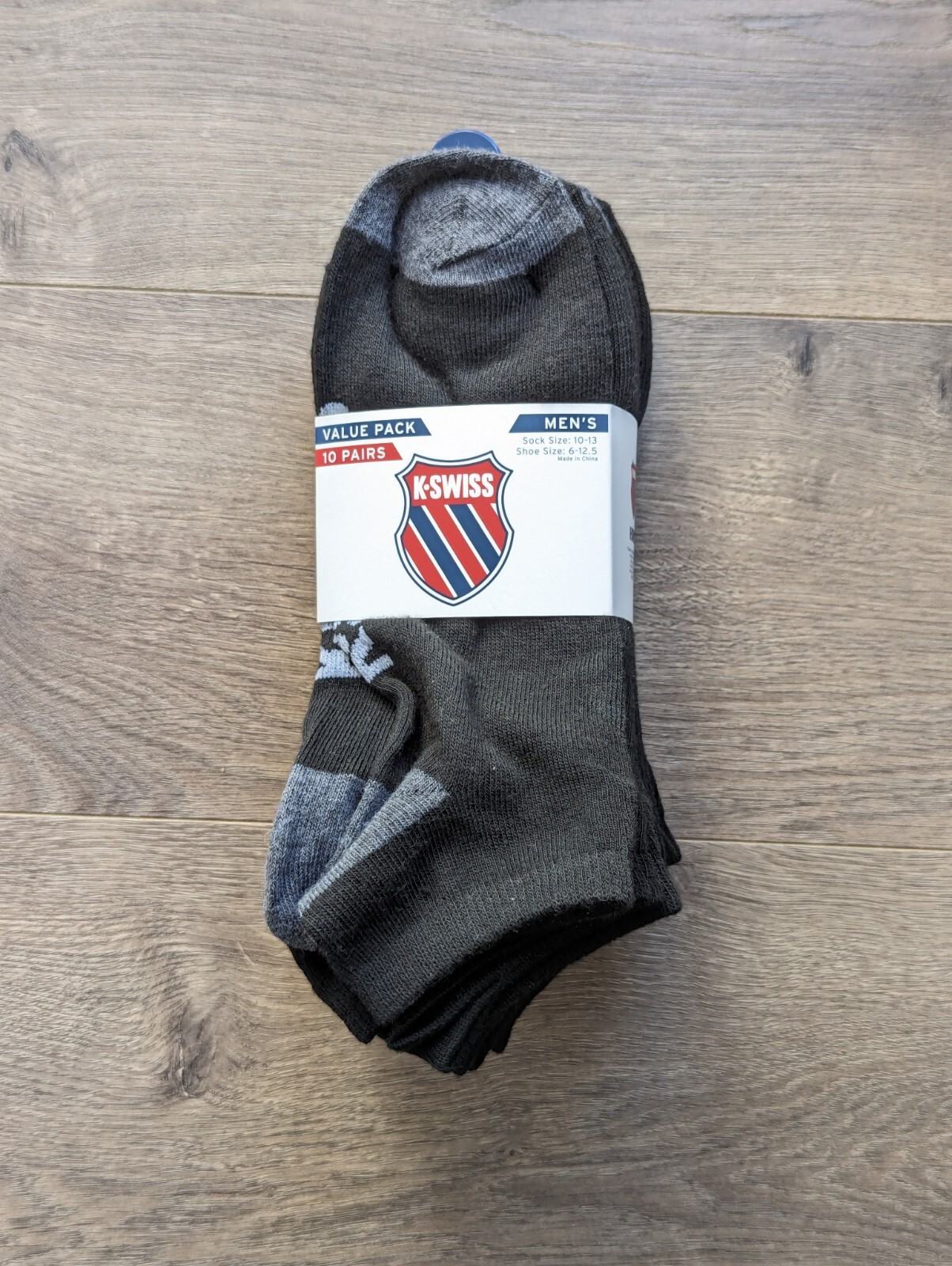 K-SWISS MENS NO SHOW ANKLE SOCKS SIZE 6-12.5 10 PAIR BLACK W/ GREY VALUE PACK