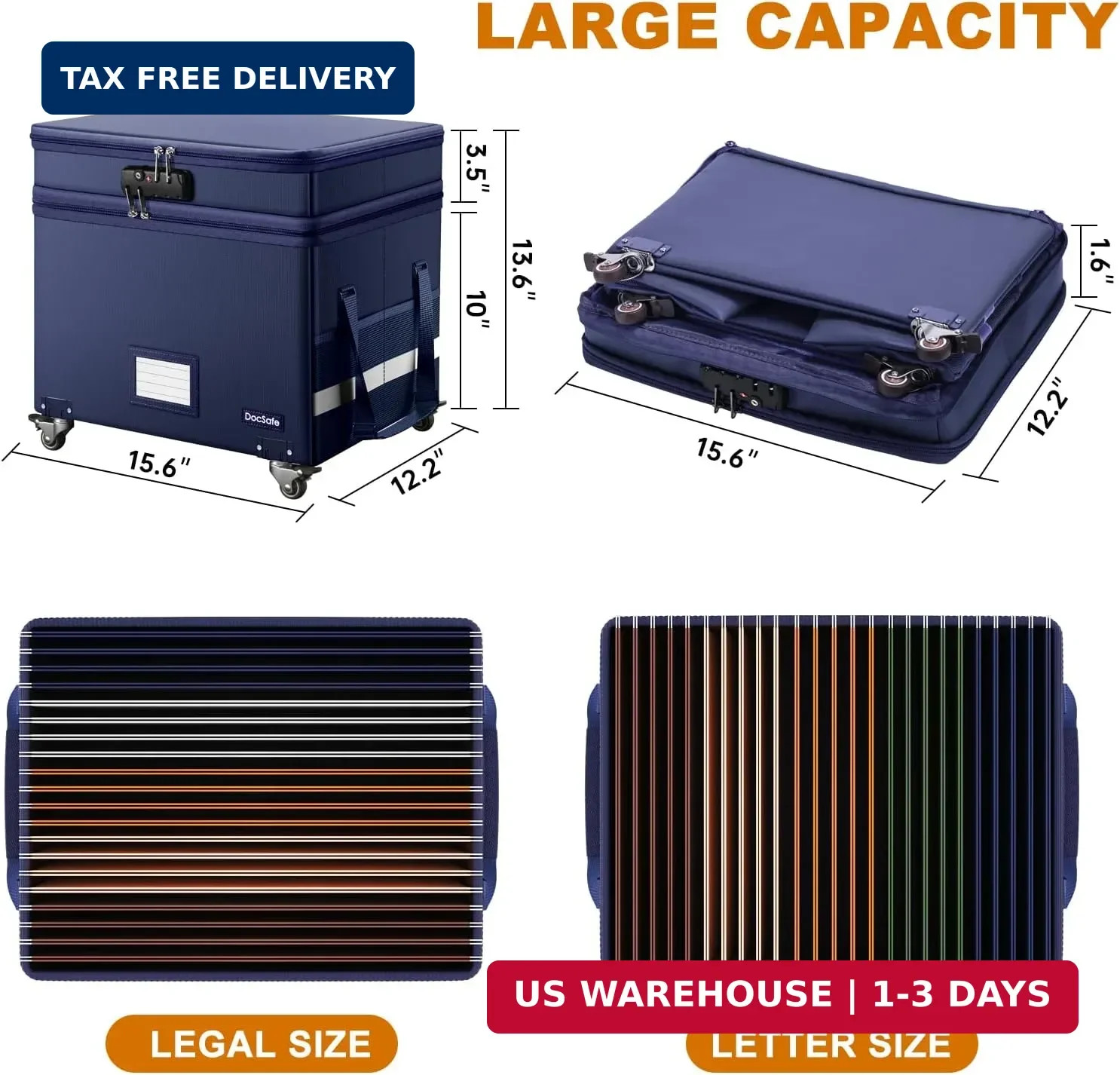 File Box with Lock, 2-Layer Fireproof Document Box with Wheels,Collapsib