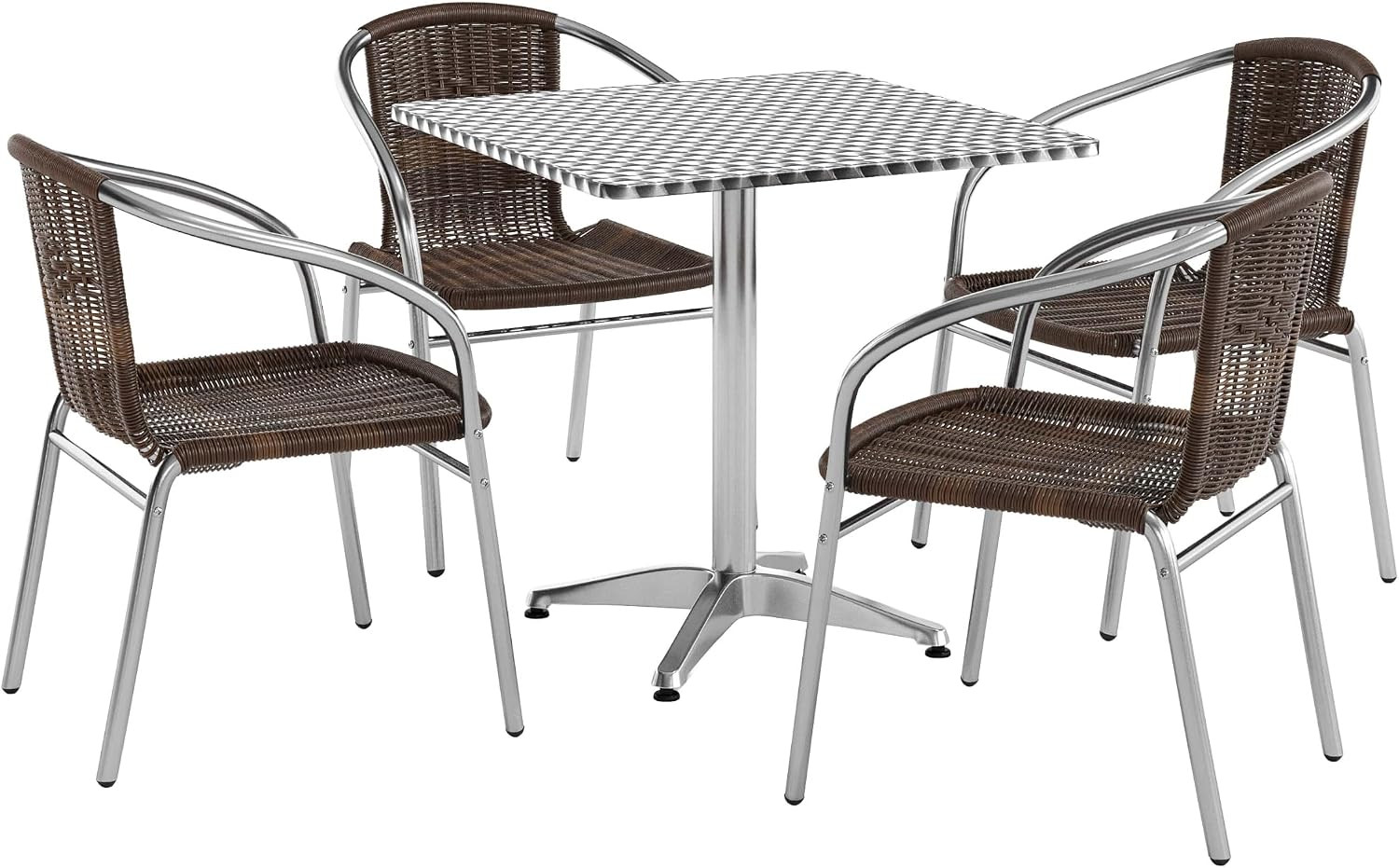 Lila 27.5'' Square Aluminum Indoor-Outdoor Table Set with 4 Dark Brown Rattan Ch
