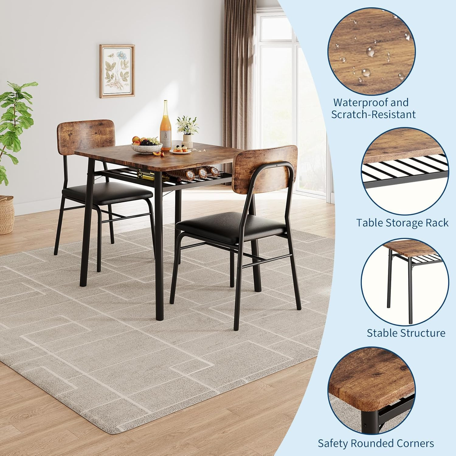Dining Table for 2 with Storage Rack, Small Kitchen Table for 2 with Metal Frame