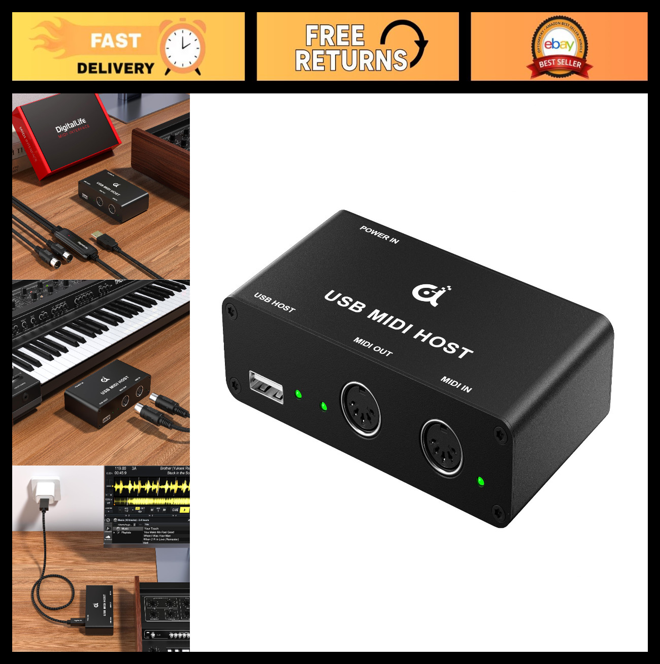 MIDI Host Box with Indicator Light, 5-Pin DIN Interface, USB MIDI Keyboard Conne