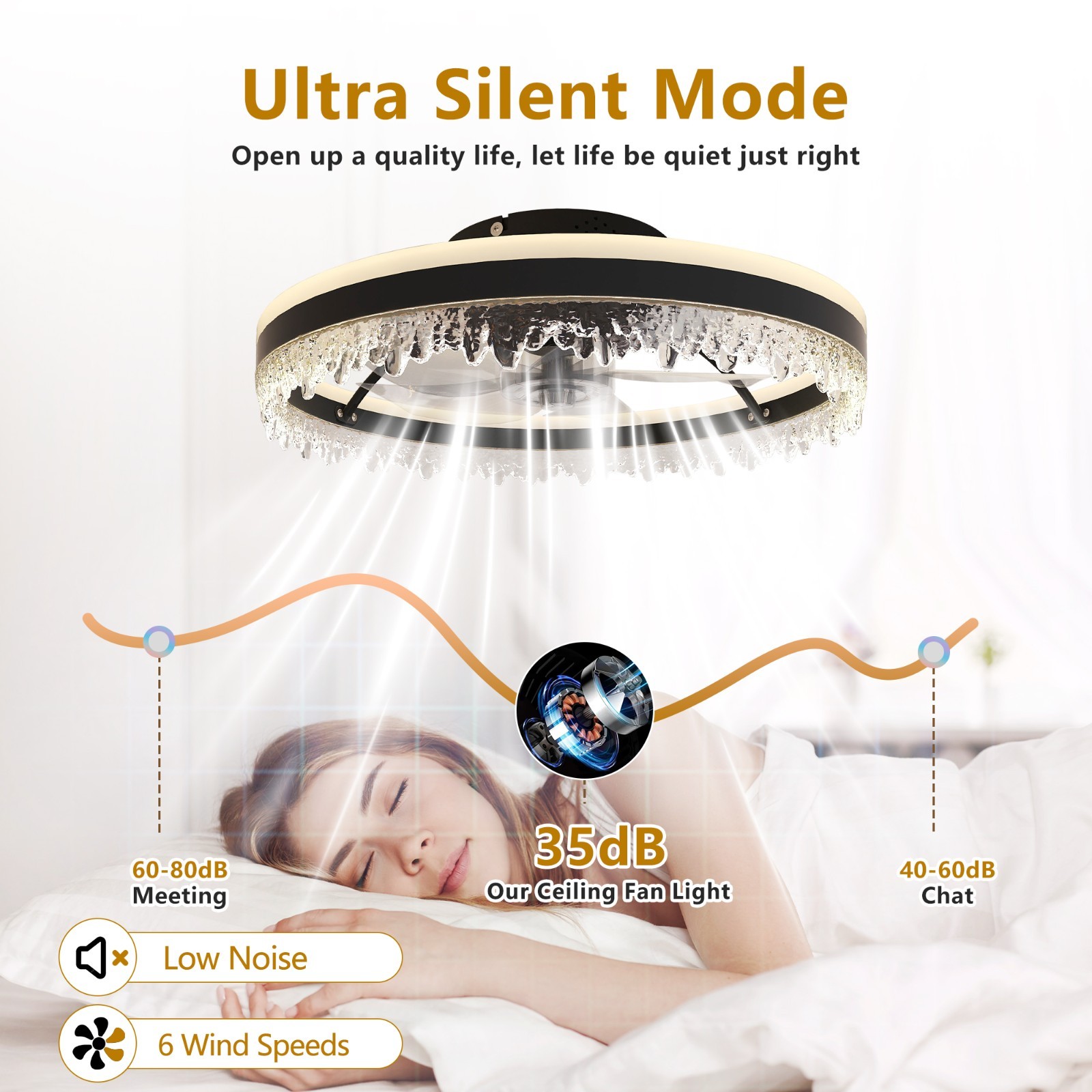 20" Smart Black Ceiling Fan Light – Silent, Reversible for Bedroom