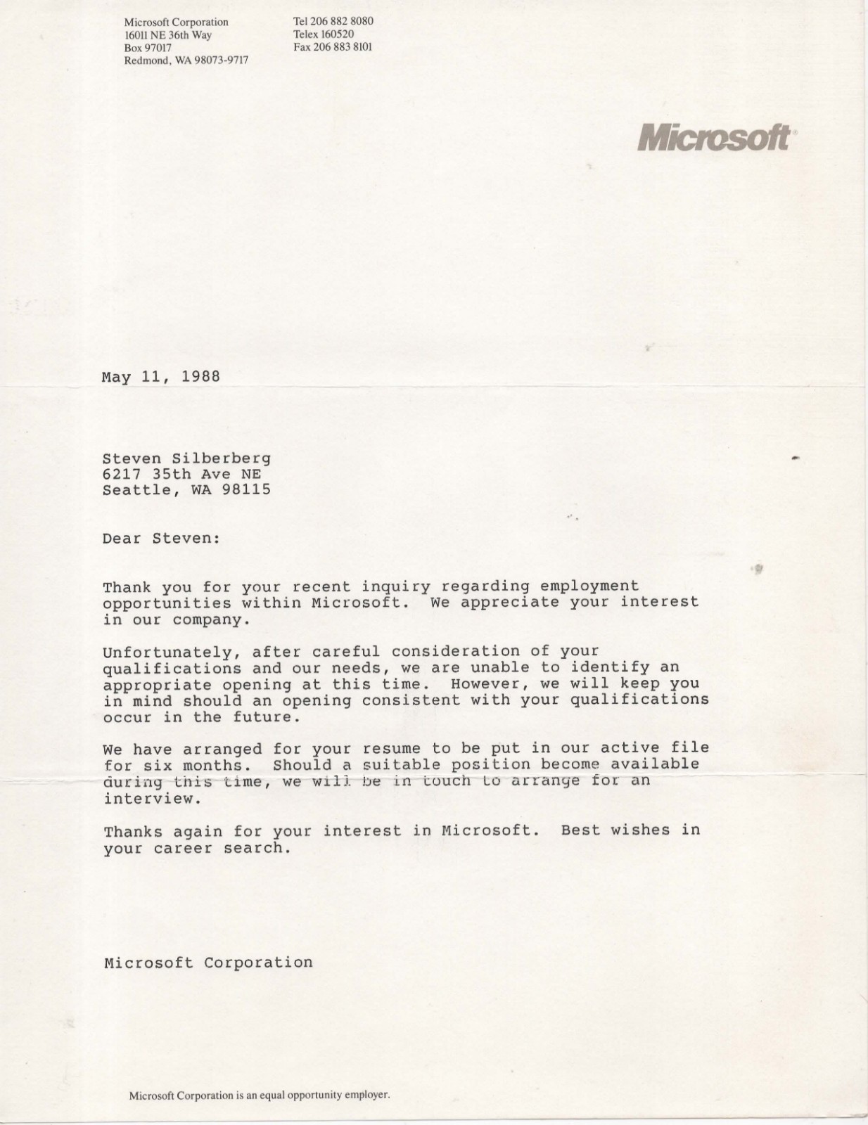 Vintage Microsoft Rejection Letter From 1988 Redmond Washington
