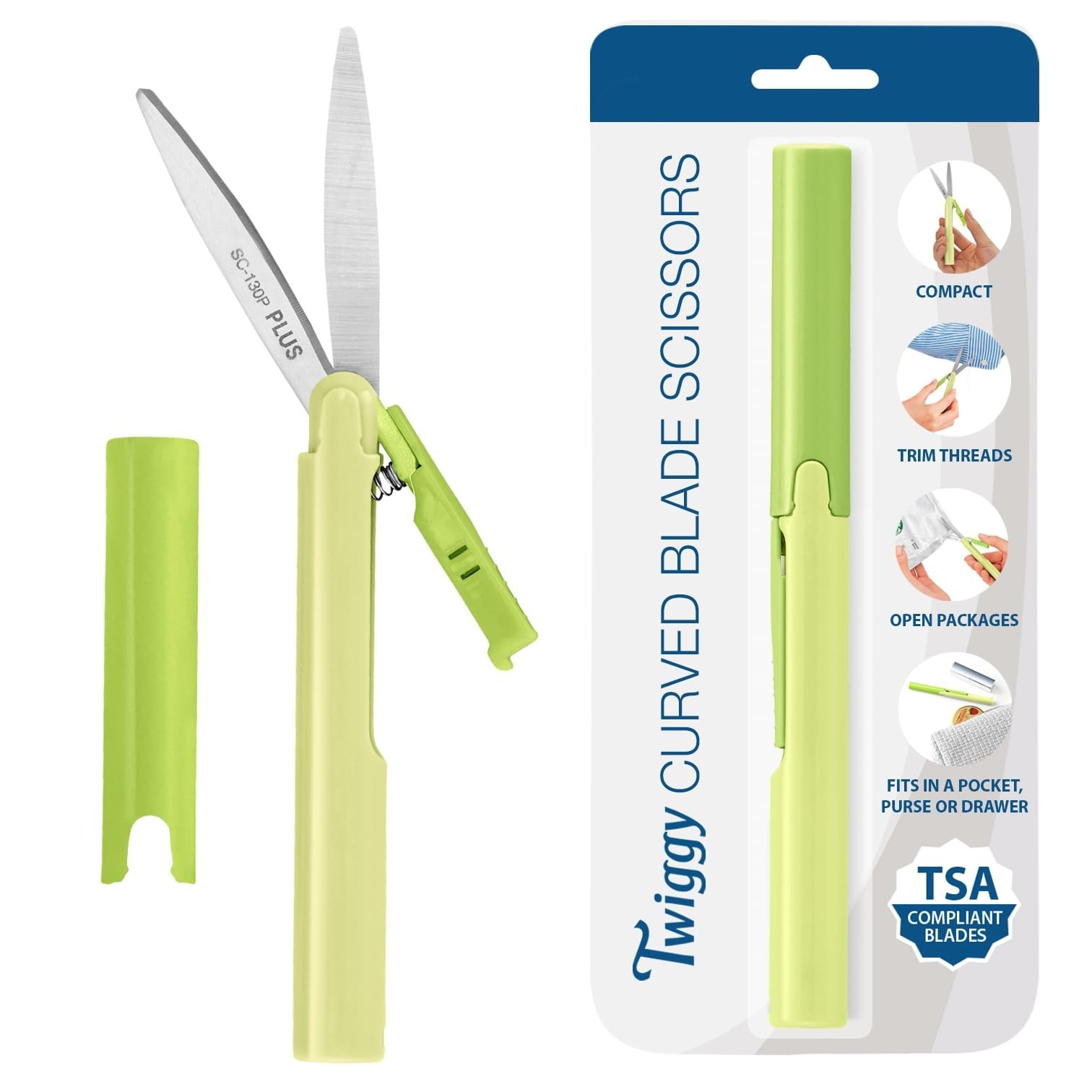 Plus Pen Style Non-Stick Compact TSA Twiggy Scissors with Cover, Green 1-Pack
