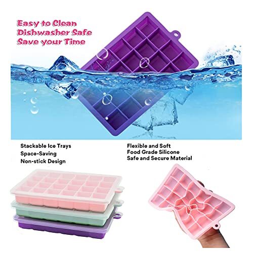 Ice Cube Tray, 3 Pack Silicone Ice Cube Molds, Pink, Light blue, Purple