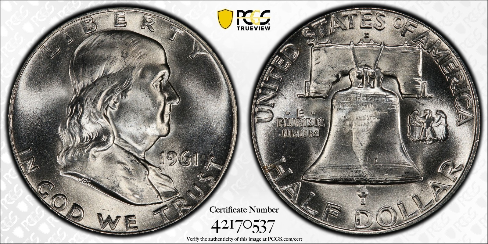 1961-D Franklin Silver Half Dollar - PCGS MS 66 - Gold Shield