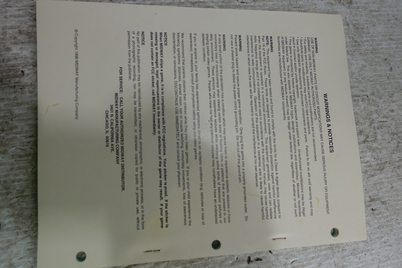 Midway War Gods Arcade factory manual