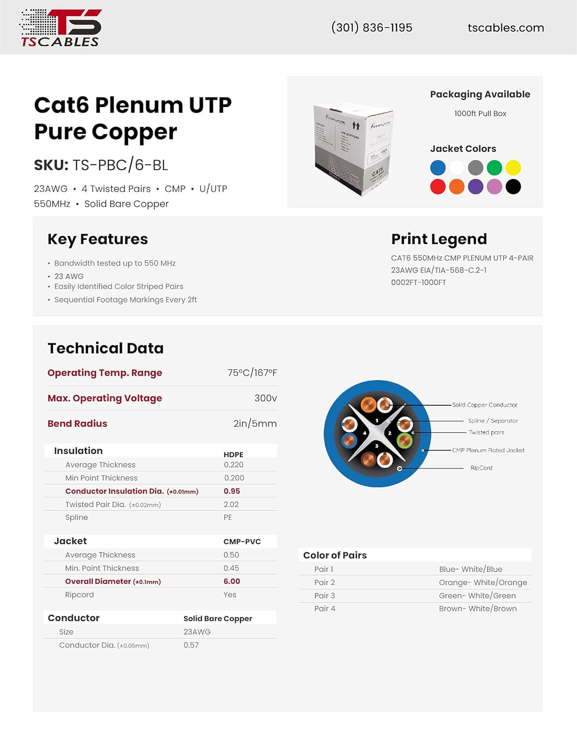 Tscables | Cat6 Plenum (CMP) 1000Ft Cable, 23AWG | 100% Solid Bare Copper | 550M