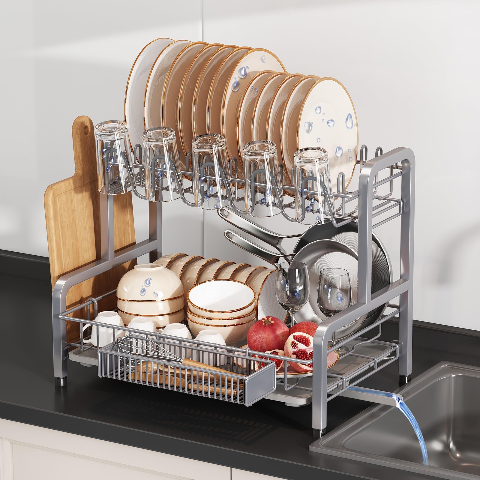 2 Tier Dish Drainer Drying Rack for Kitchen Counter, Large Stainless Steel Di...