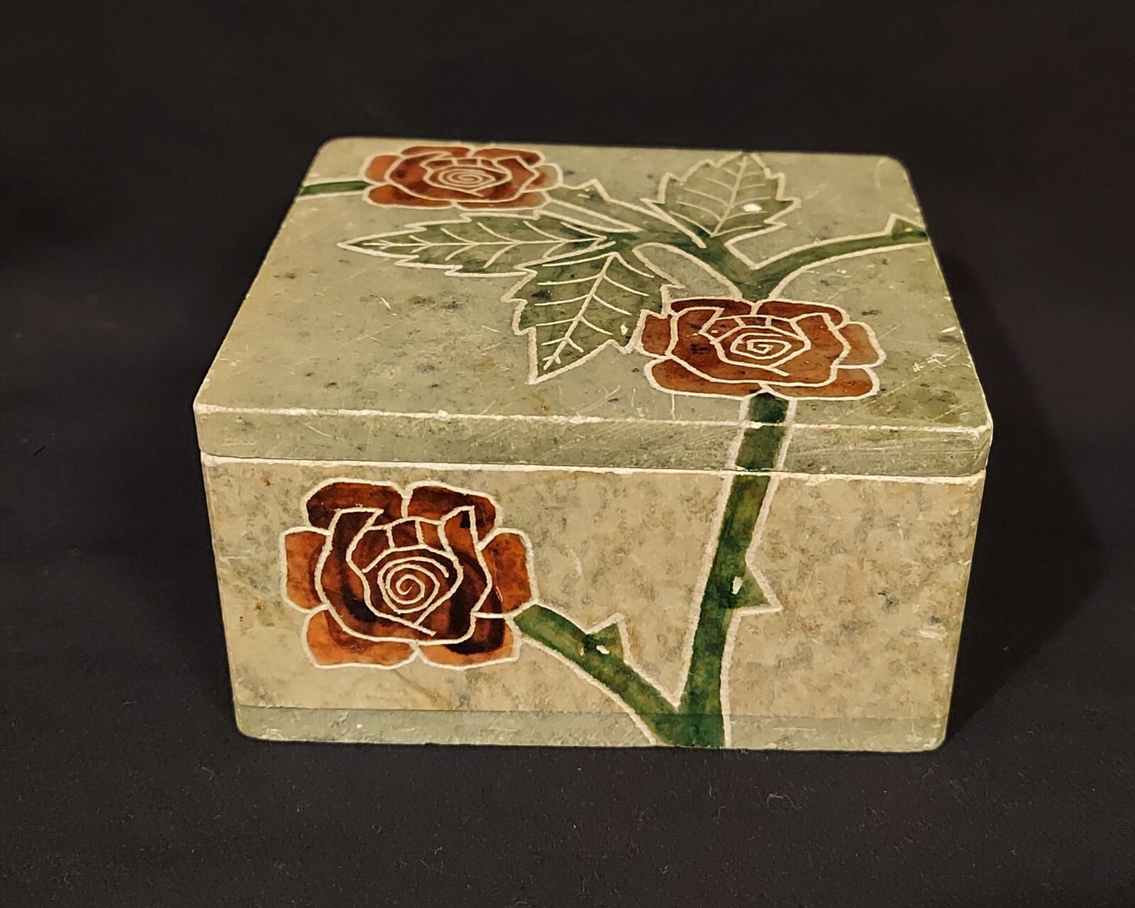 Carved Stone With Handpainted Roses Trinket Box