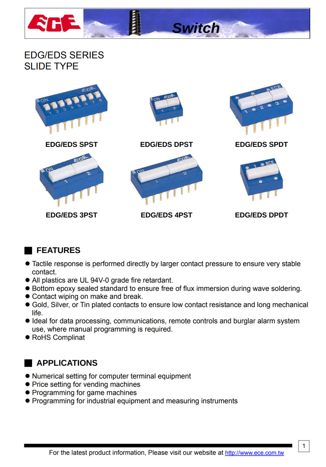 10PCS EDS108SZ ECE 8-Pole 2-Position Slide DIP Switch Toggle SPST