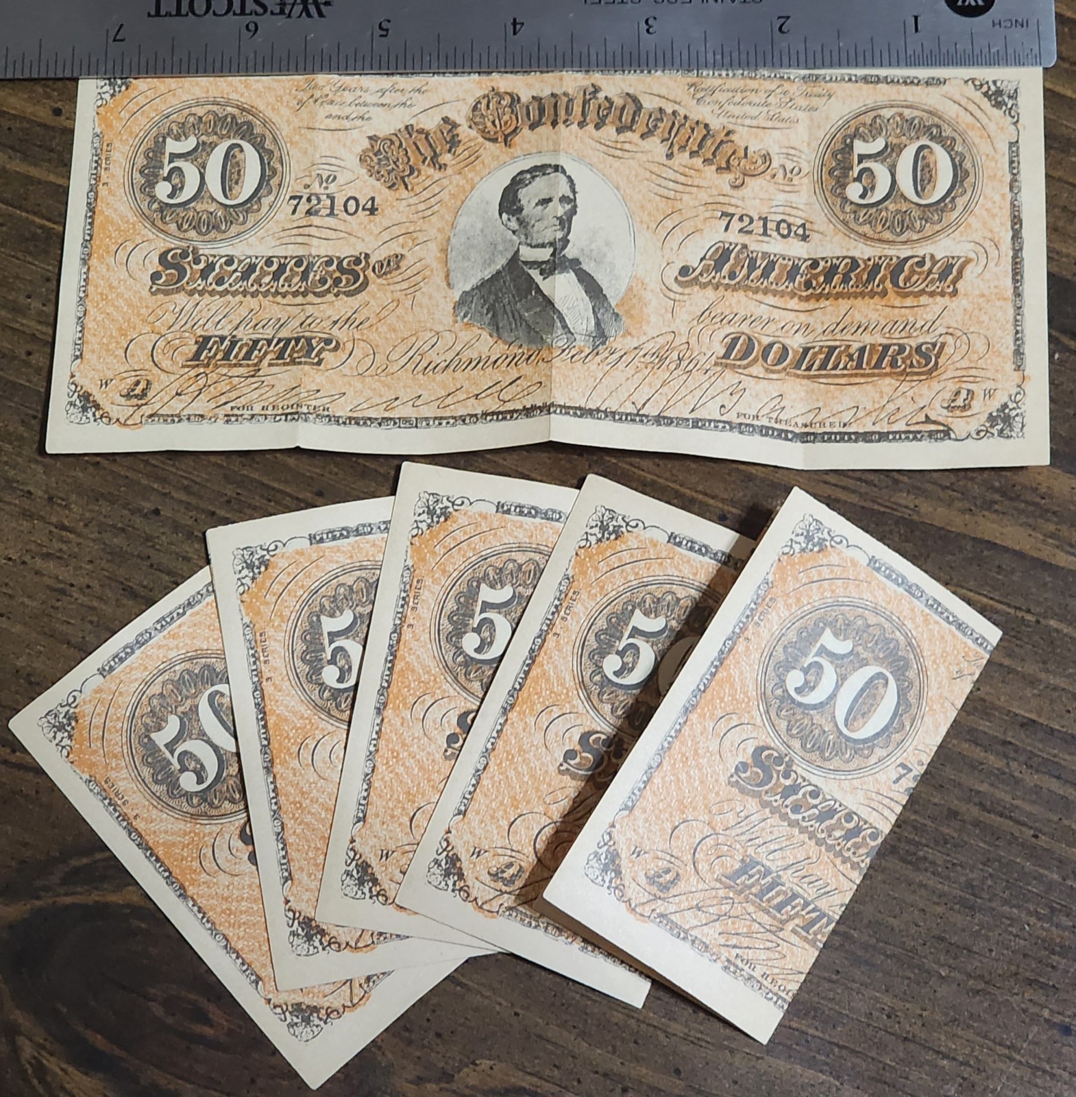 Set Of 6 Facsimile Civil War Confederate States $50 Dollar Bills