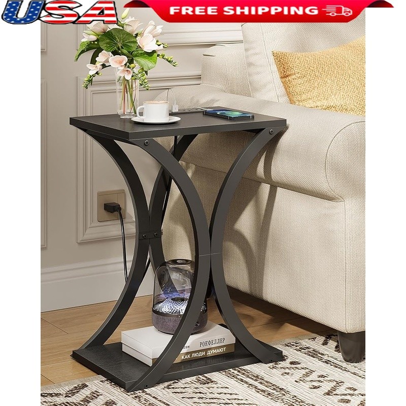 End Table W/ Charging Station USB Port 2-Tier Modern Nightstand Storage Shelf