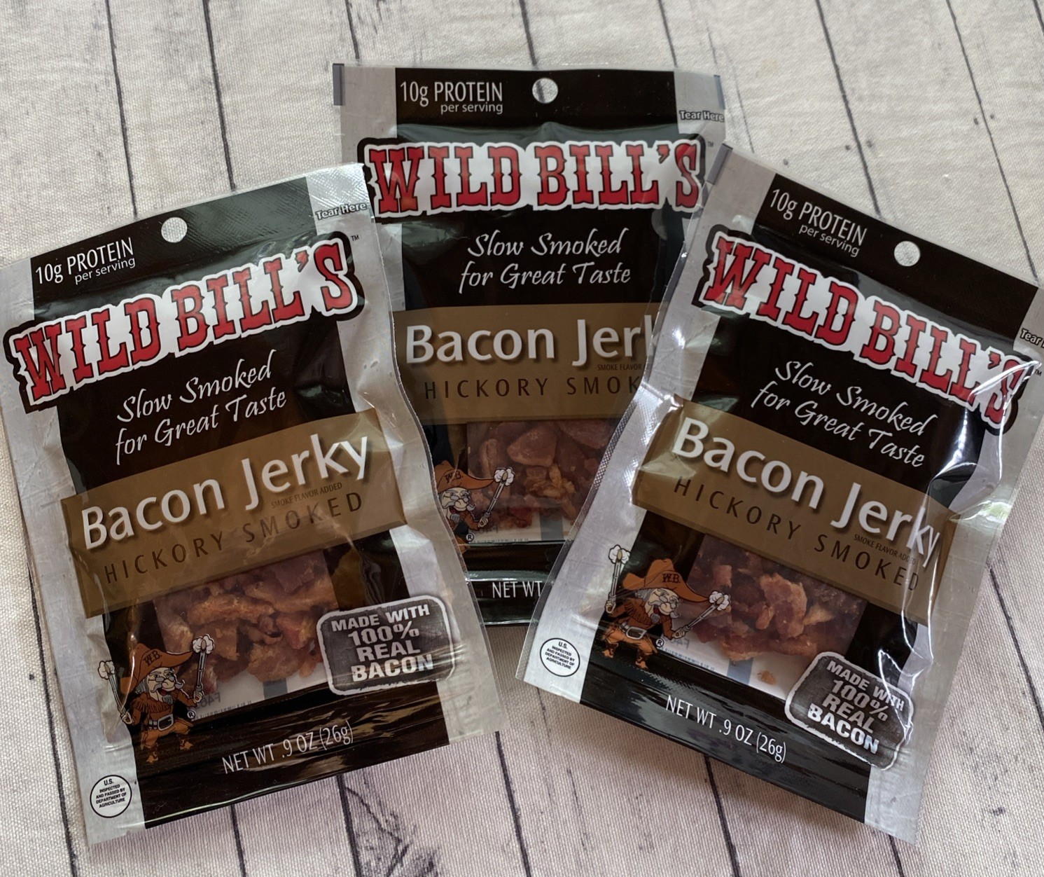 WILD BILL’S BACON JERKY~ REAL BACON! 3 SMOKED BACON JERKY .9 Oz BAGS- SNACK SIZE
