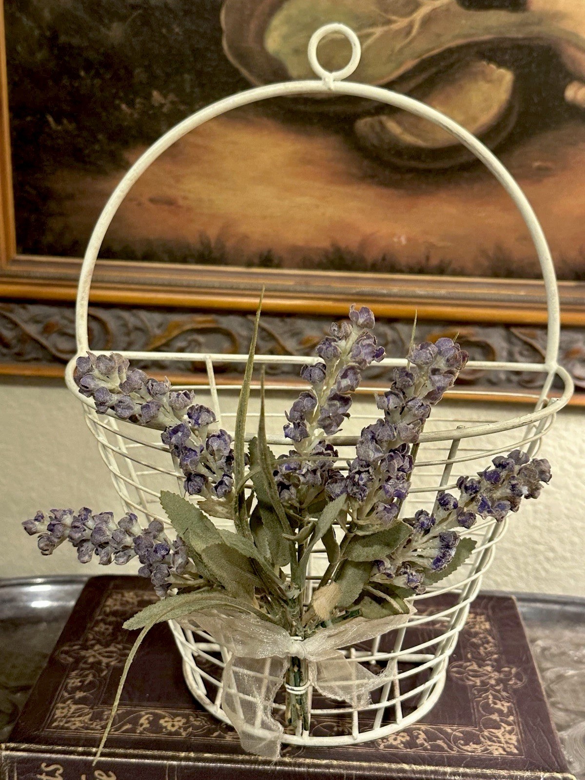 French/Cottage-Cream Metal Basket-w/Faux Attached Lavender Arrangement-Hang/Sits