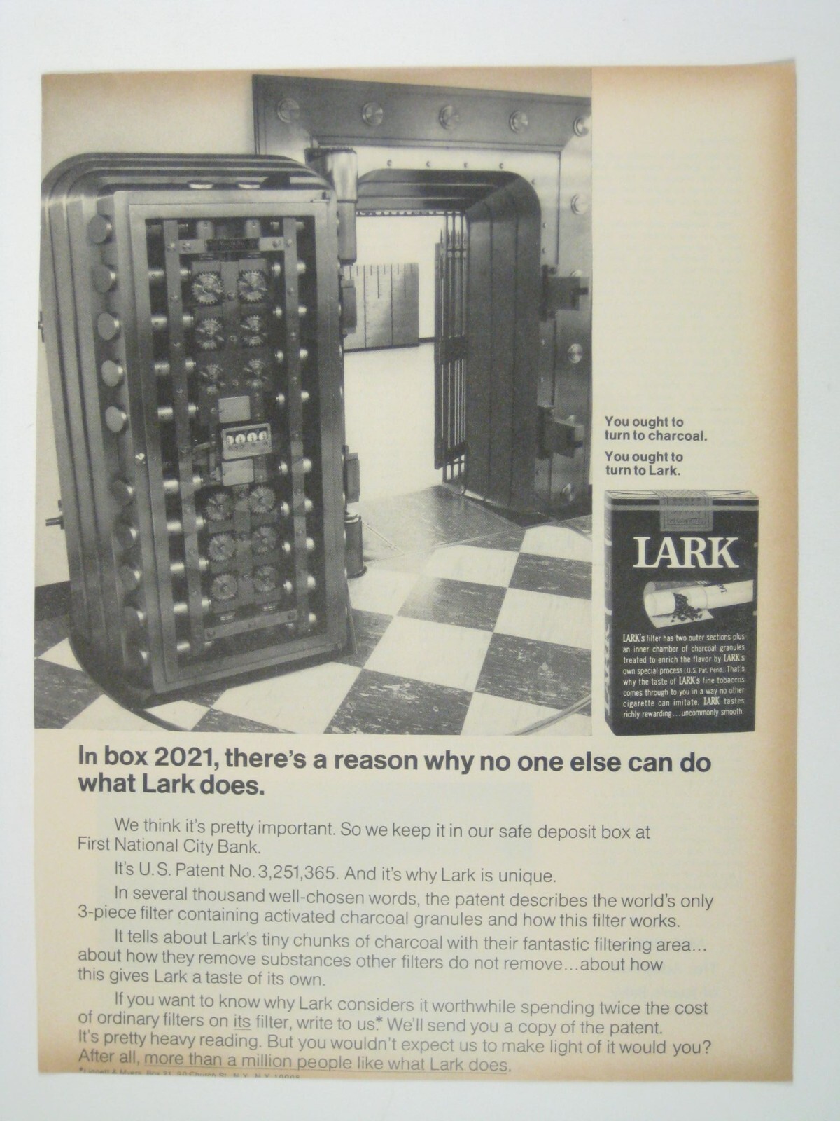 Vintage 1960s Lark Cigarettes Print Ad With Bank Vault Image MOD
