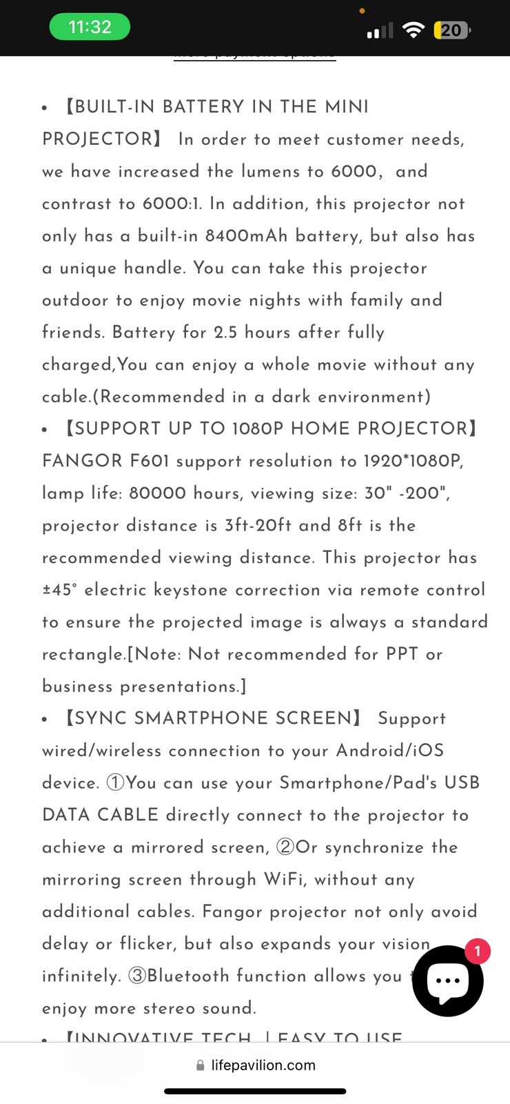 Fangor F-601 Wi-Fi / Bluetooth Projector