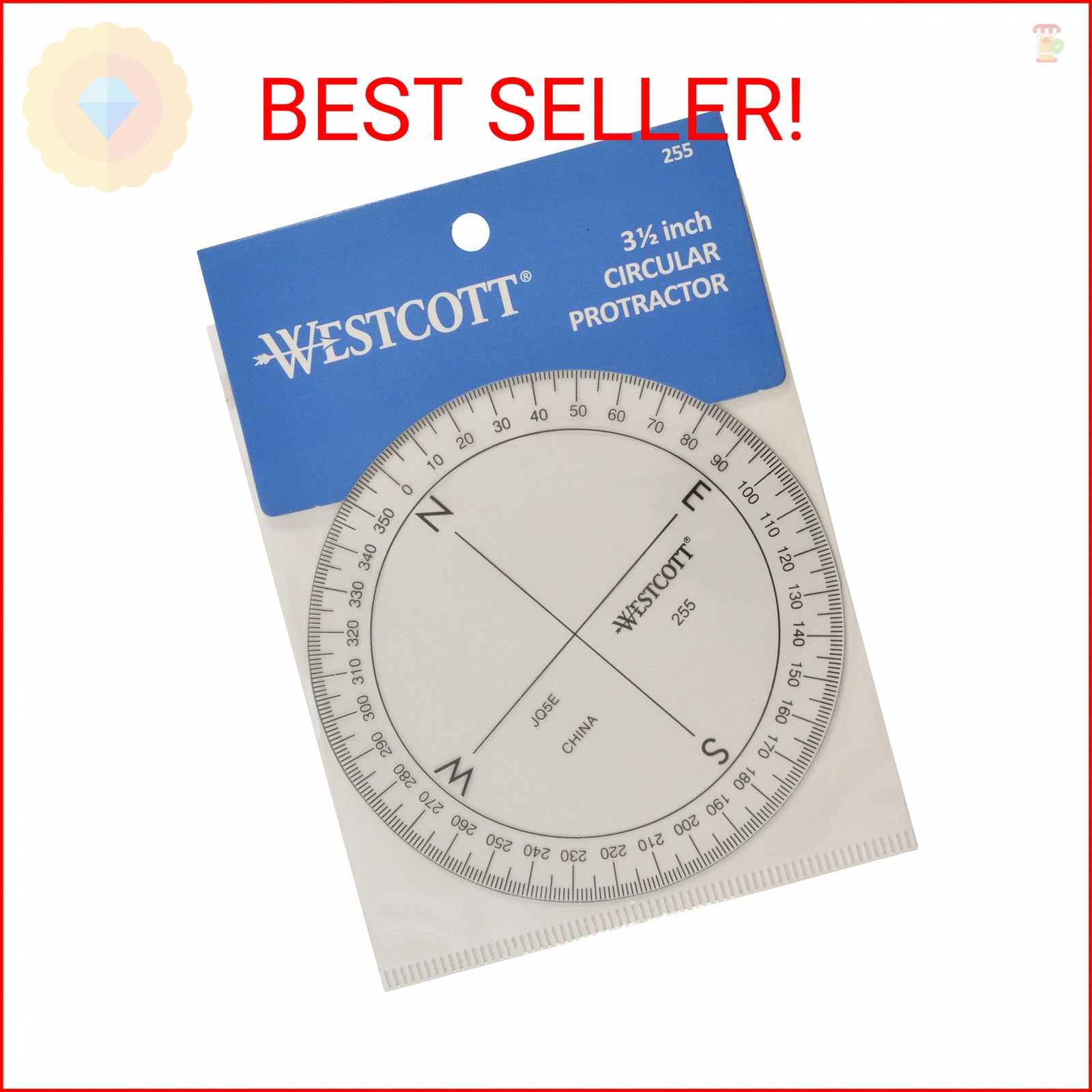 Westcott 360-Degree Compass Protractor, Crystal Clear Transparent Dial, Calibrat