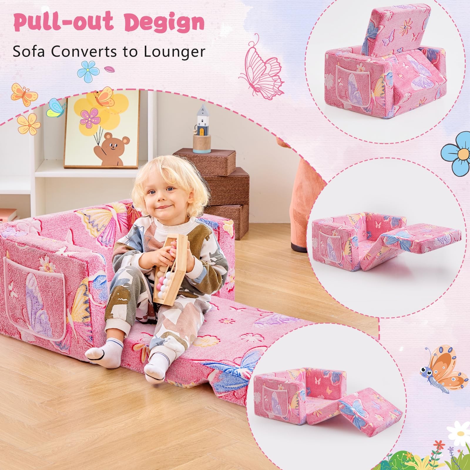 inhand Toddler Chair Comfy,2-in-1 Soft Toddler Couch Fold Out for Kids,Conver...