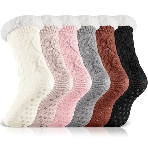 6 Pairs Women's Fuzzy Slipper Socks with Grips Winter Light Color Twist Style