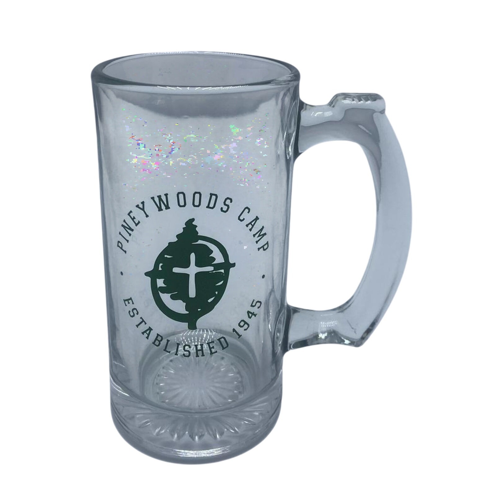 Piney Woods Camp Established 1945 Souvenir Cup Mug 5-1/2" Clear w/ Green Design