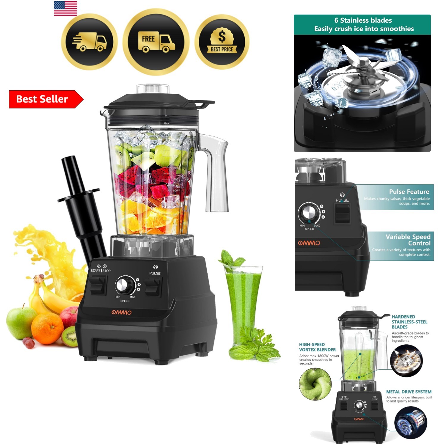 Blender 1800W, Professional High Speed Countertop Blender with Durable Stainl...