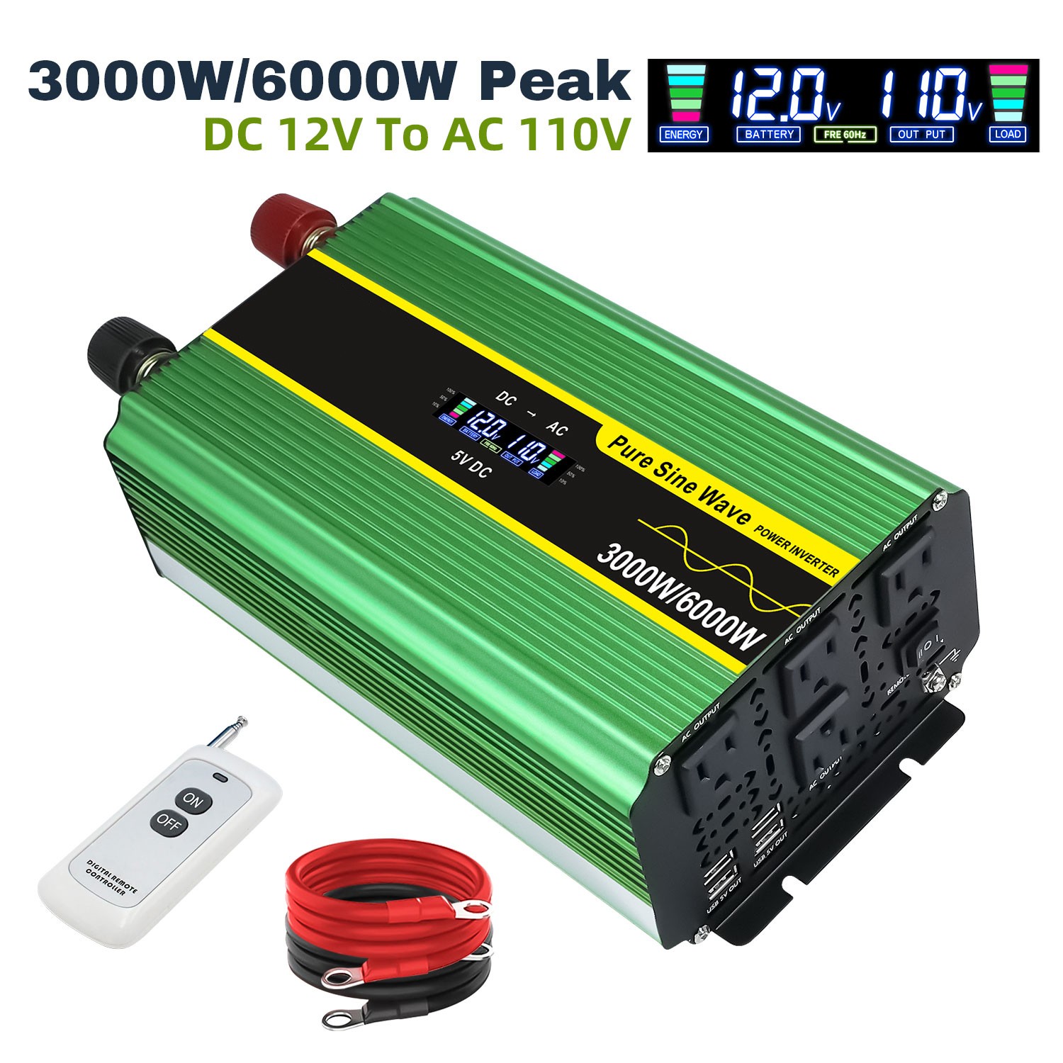 3000W 6000W Pure Sine Wave Power Inverter 12V to 110V W/ 4AC 4USB Remote Control