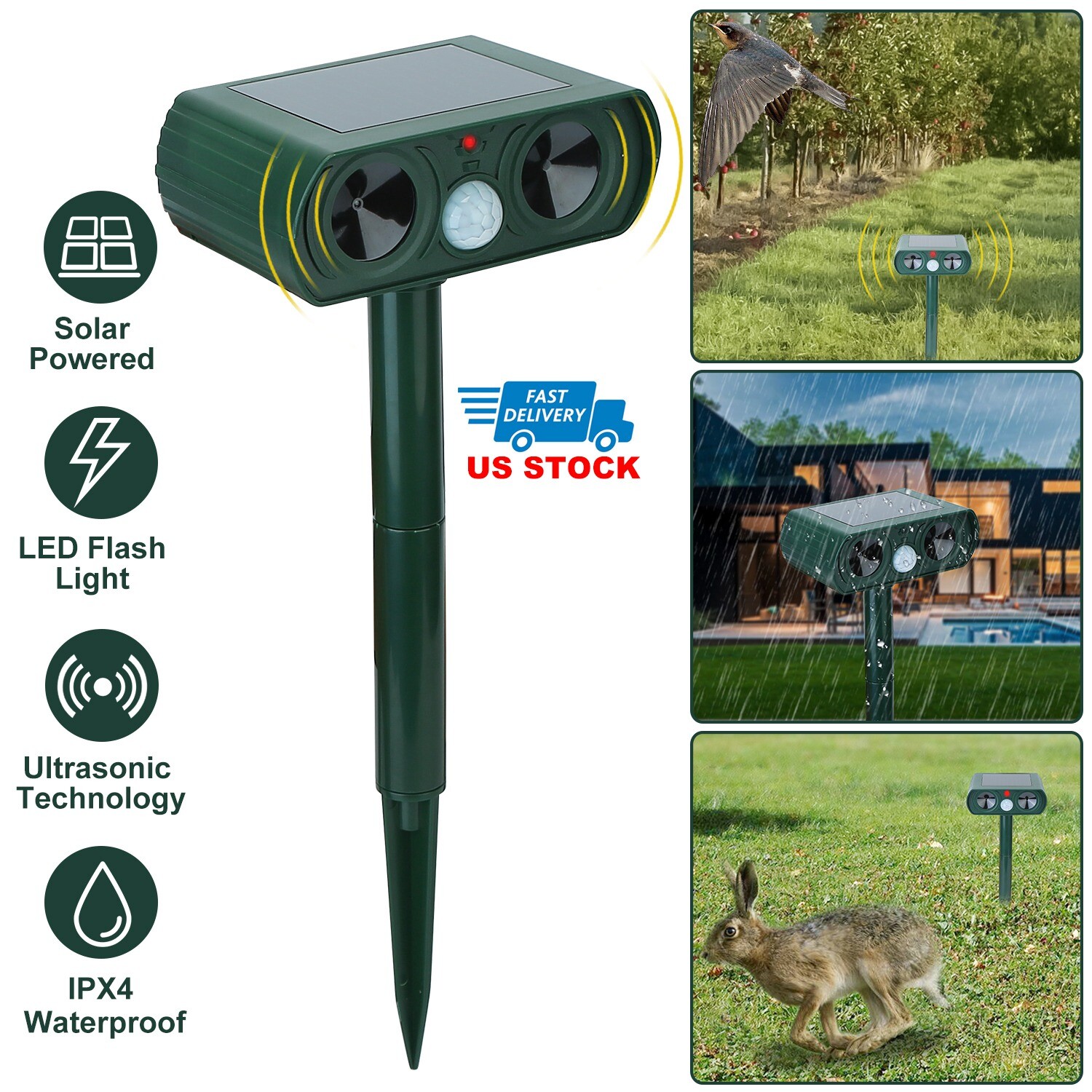 Solar Ultrasonic Animal Repeller Cat Dog Skunk Deer Raccoon YardGarden Repellent