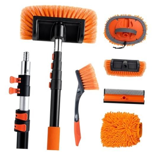 17ft Telescopic Pole with Car Wash Brush and Window Squeegee Kit, 3-12 ft