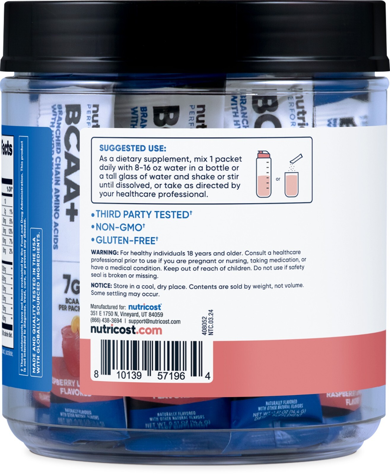 Nutricost BCAA+ Hydration Raspberry Lemonade (20 Stickpacks) - Gluten Free