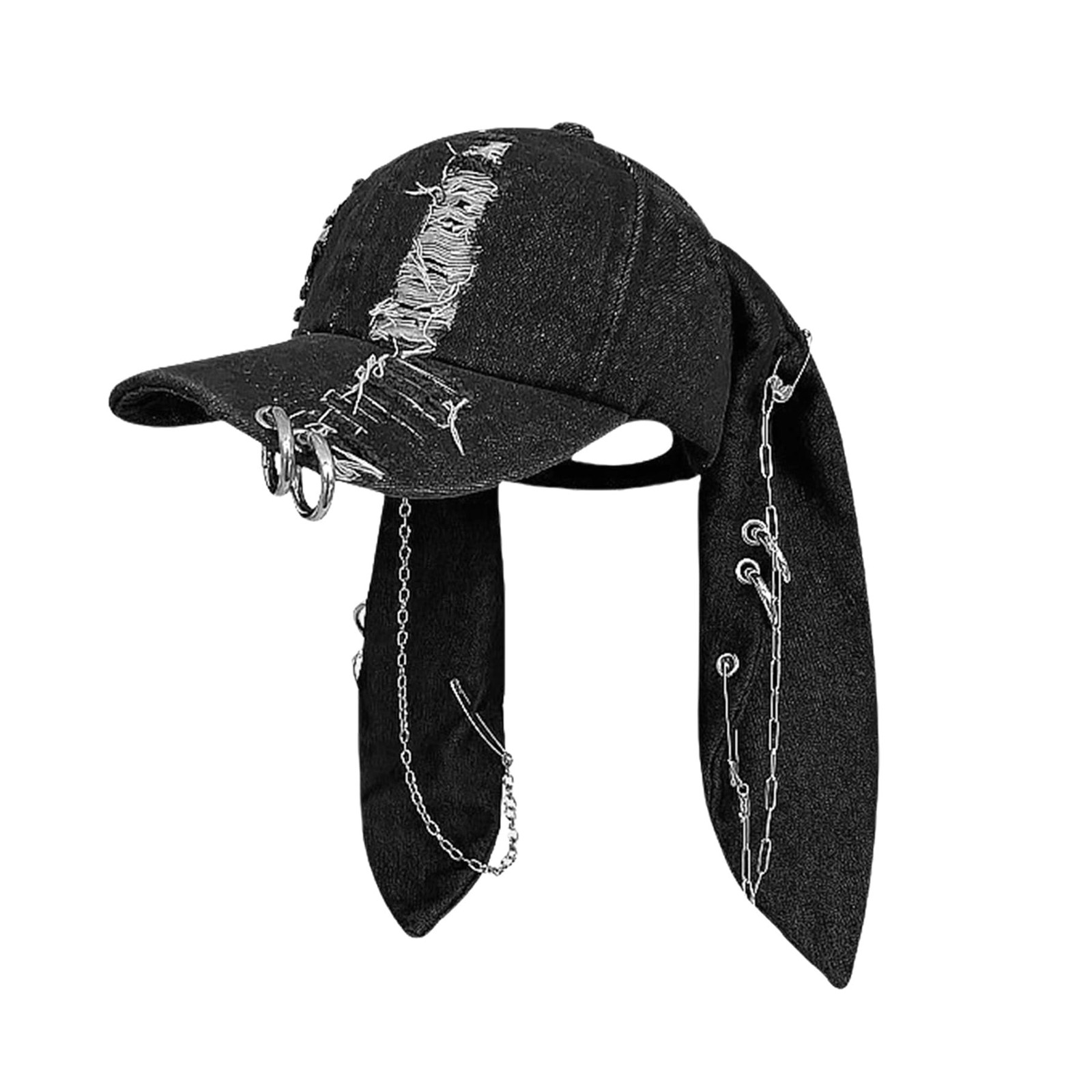 Women Baseball Cap Punk Iron O Ring Baseball Hat Distressed Denim Bunny Ears ...