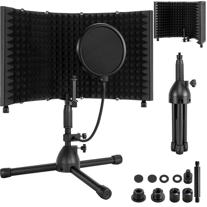 Desktop Microphone Isolation Shield with Tripod Stand Curved Panel, Foldable ...