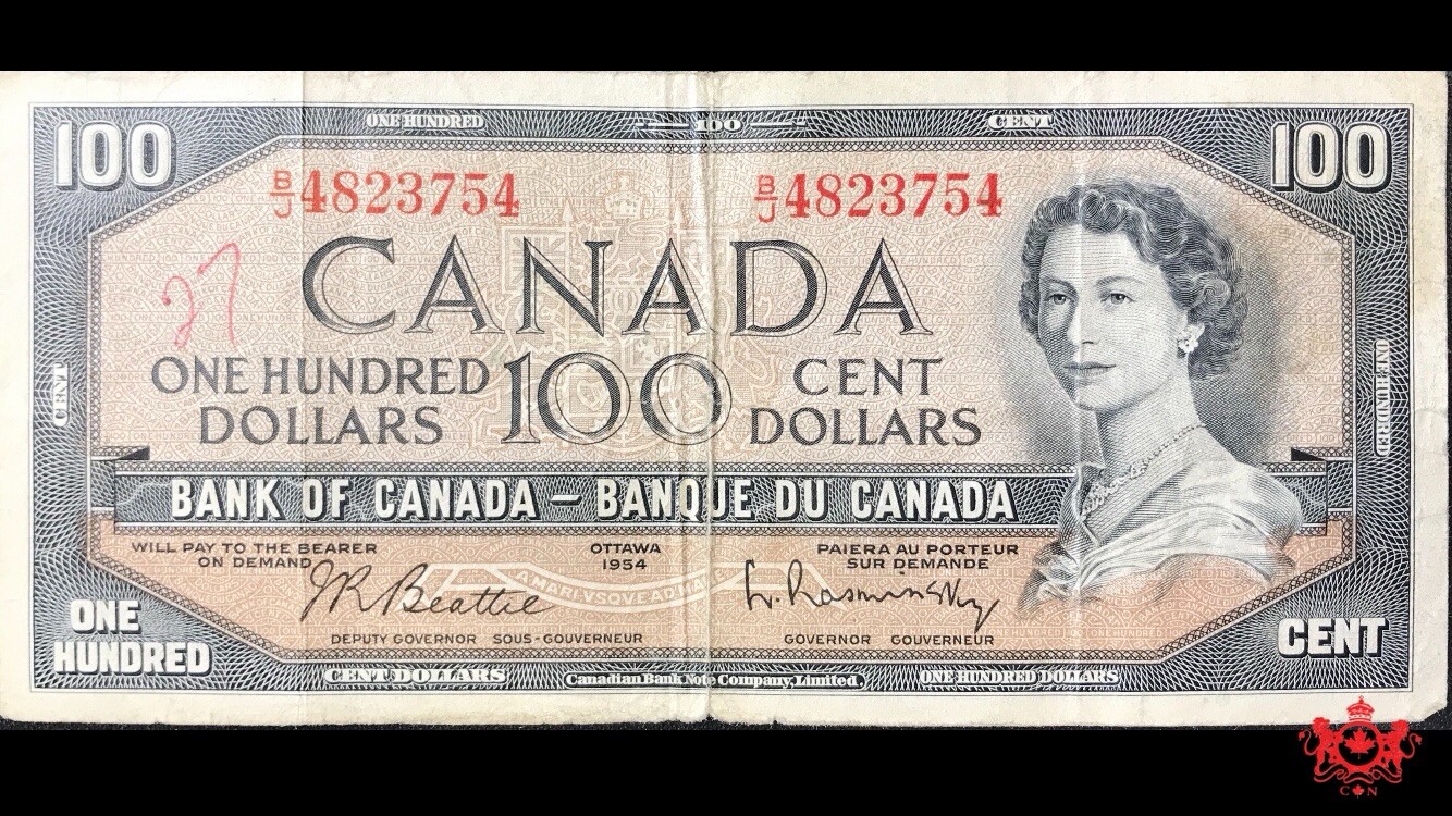 1954 Bank Of Canada 100$ Modified Beattie/Rasminsky B/J4823754 - F/VF - Writing