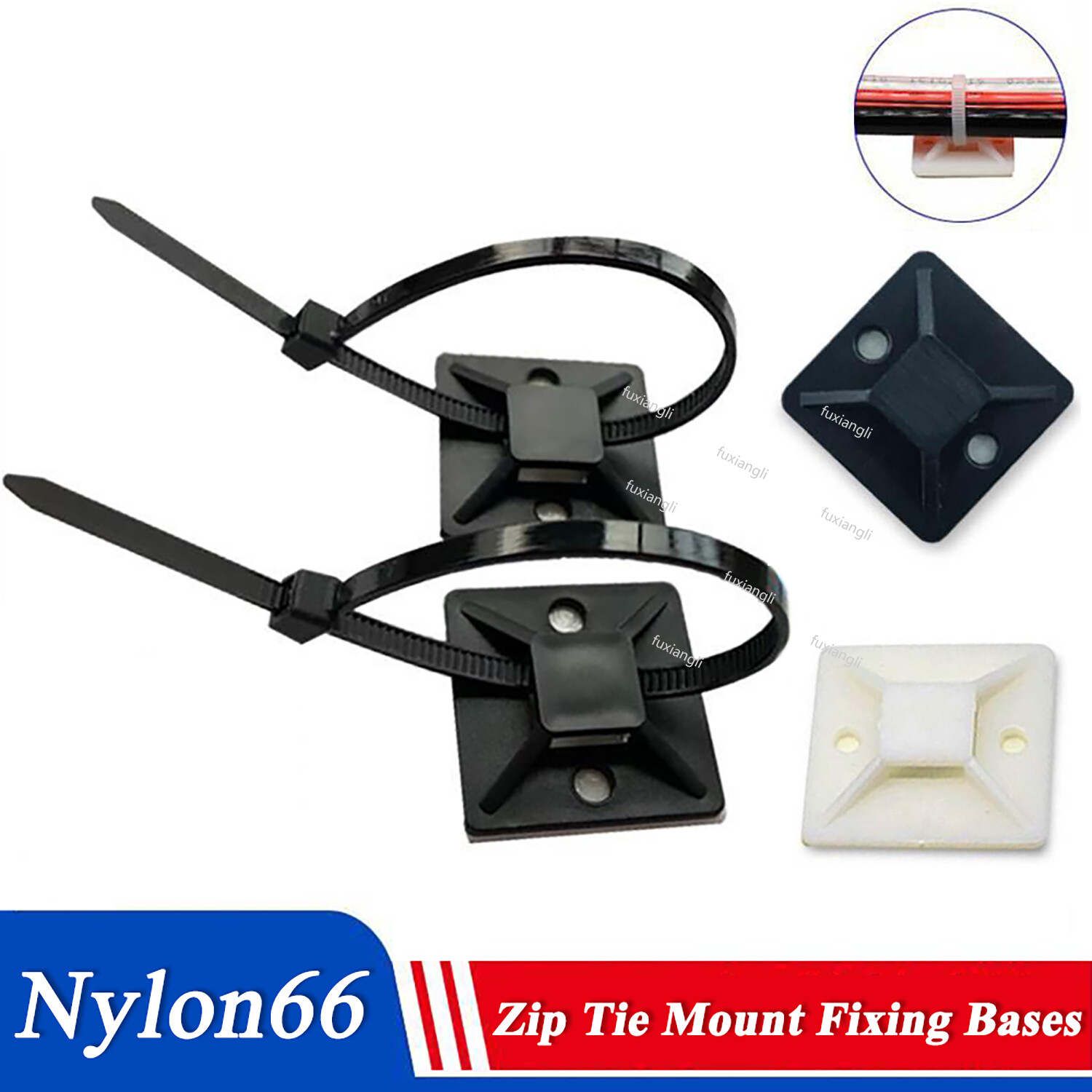 Self Adhesive Cable Zip Ties Mount Fixing Bases, Black or White Nylon66 Holders