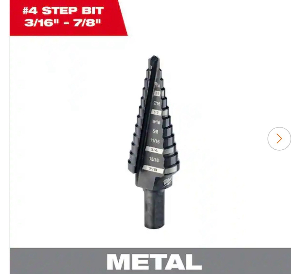Milwaukee 48-89-9204, 3/16” -to- 7/8” #4 Black Oxide Step Drill Bit, 12-Steps