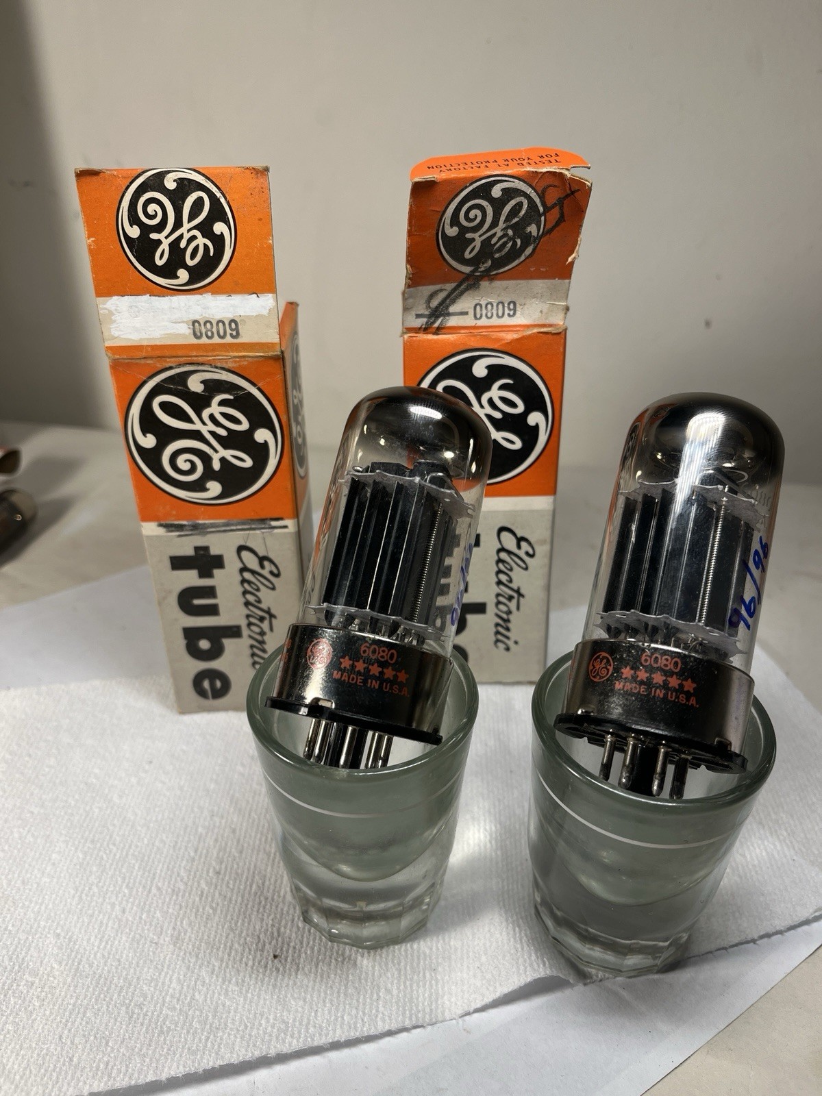 2- GE 6080 Vacuum Tubes Close Codes Pair  Black Plate   Tested NOS NIB