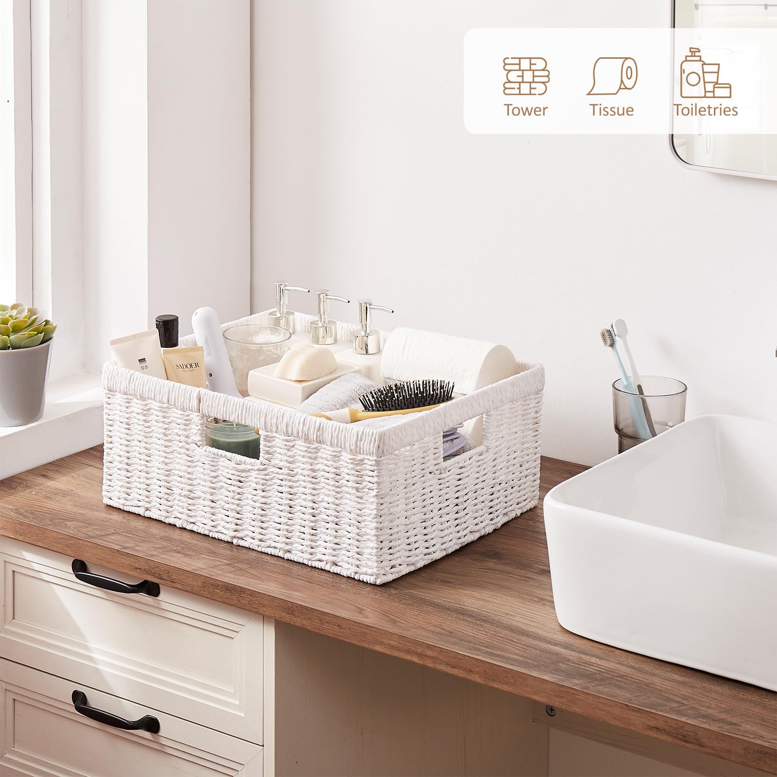 1 PCS White Rectangular Wicker Paper Shelf Basket Storage Bin BuiltIn Handle